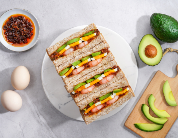 Shrimp Avocado and SoftBoiled Egg Sandwich with Seafood XO Sauce