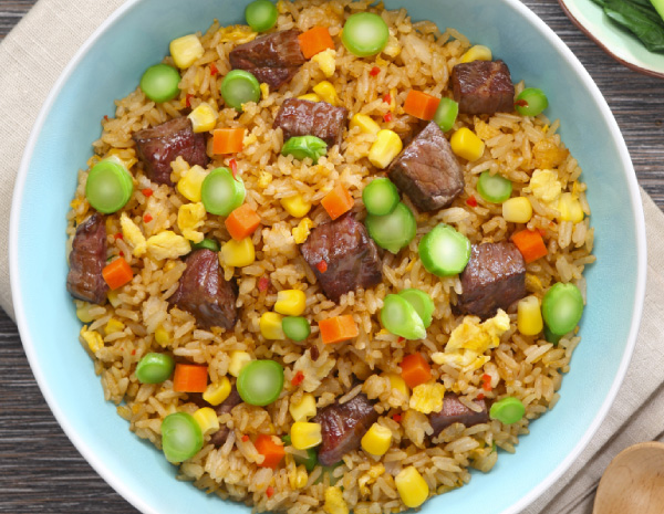 Fried Rice with Sauteed Diced Beef Tenderloin in Sweet and Spicy Sauce