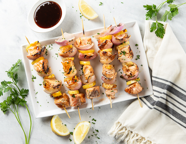 Recipe Grilled Salmon Skewers with Plum Sauce