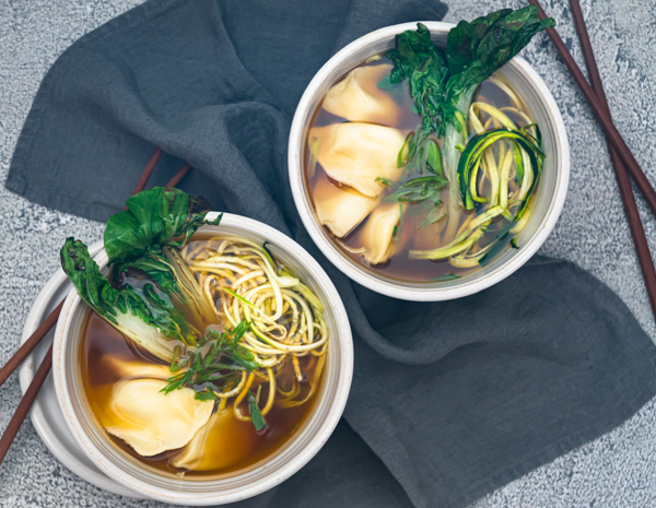 Vegetarian Dumpling And Zucchini Noodle Soup