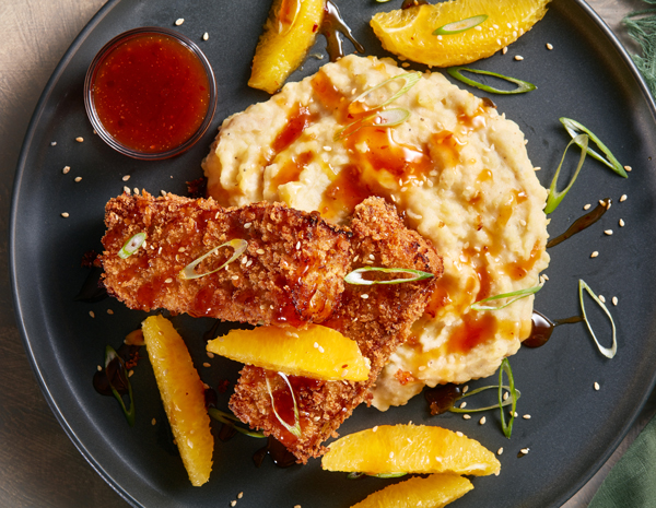 Recipe Panko-Coated Orange Chicken Meatloaf with Roasted Sesame Mashed Potatoes