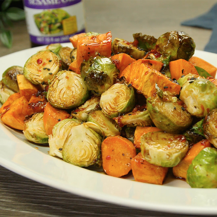 Recipe Roasted Brussels Sprouts and Sweet Potatoes with Sesame-Honey Glaze S