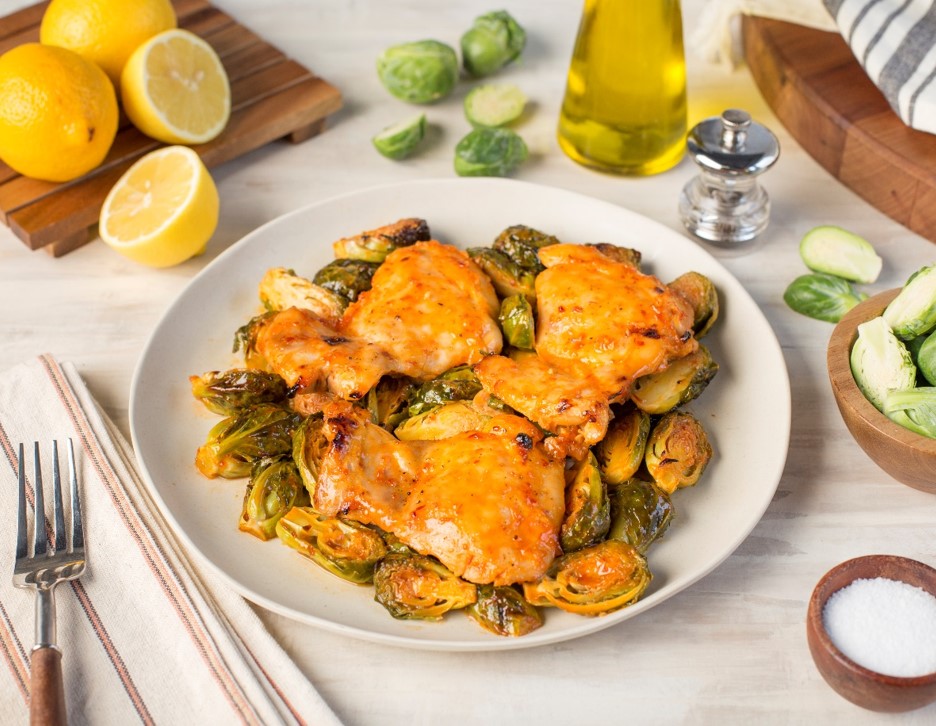 Recipe Sweet and Spicy Baked Chicken Thighs with Brussels Sprouts 
